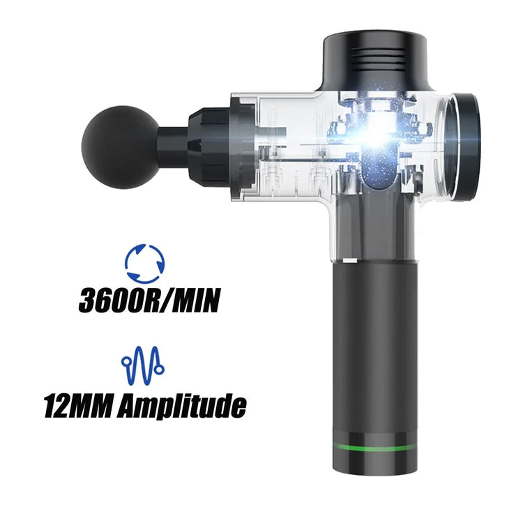 Transparent black massage gun with round attachment, 3600RPM speed, 12mm amplitude