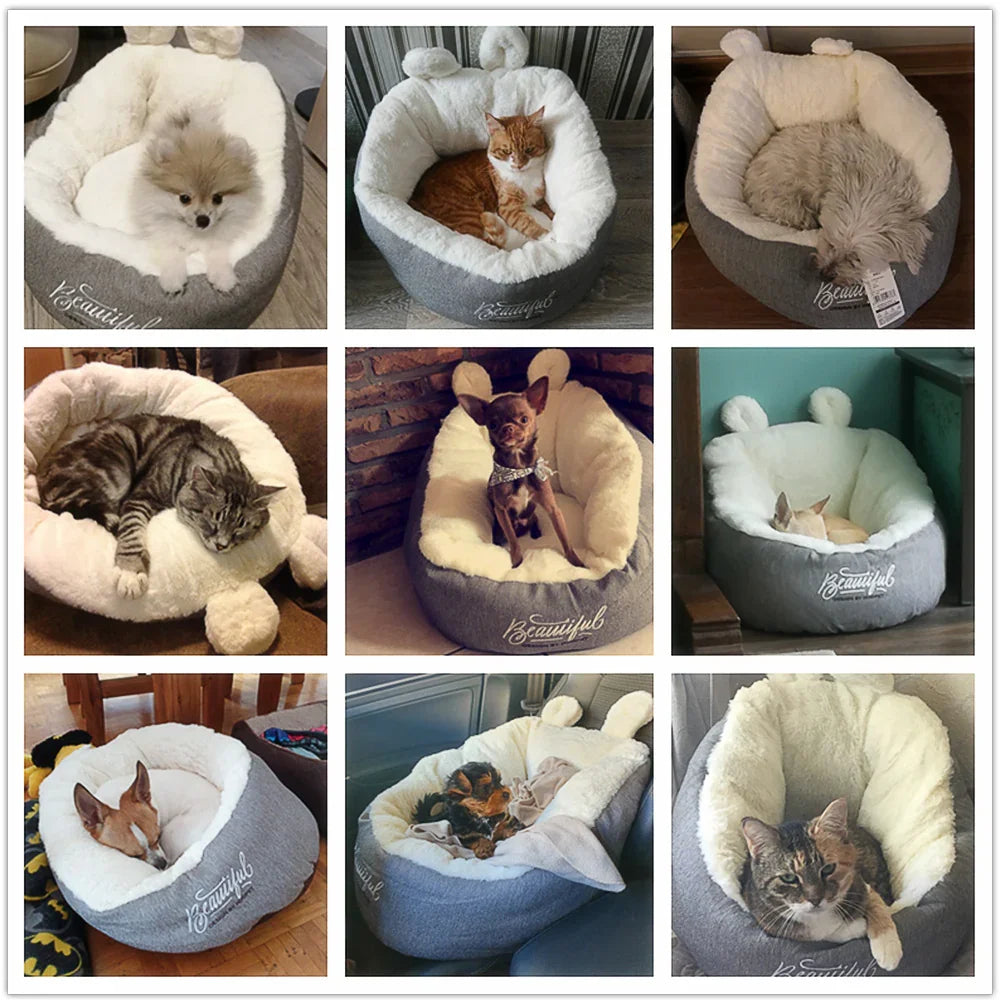 Pets lounging in cozy, round, grey and white plush beds with soft ear details, relaxed fit.