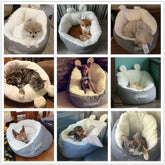 Pets lounging in cozy, round, grey and white plush beds with soft ear details, relaxed fit.