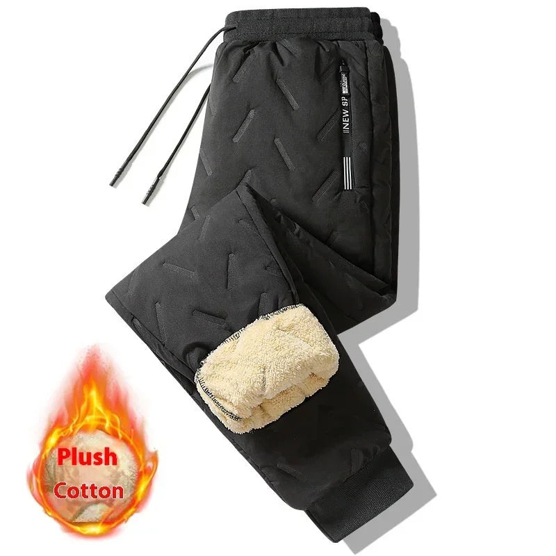 Black winter jogger pants with plush cotton lining, quilted texture, elastic waist, and tapered fit.