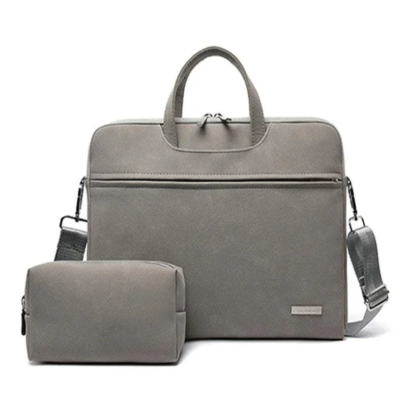 Minimalist light gray laptop bag with matching pouch, smooth fabric, adjustable shoulder strap