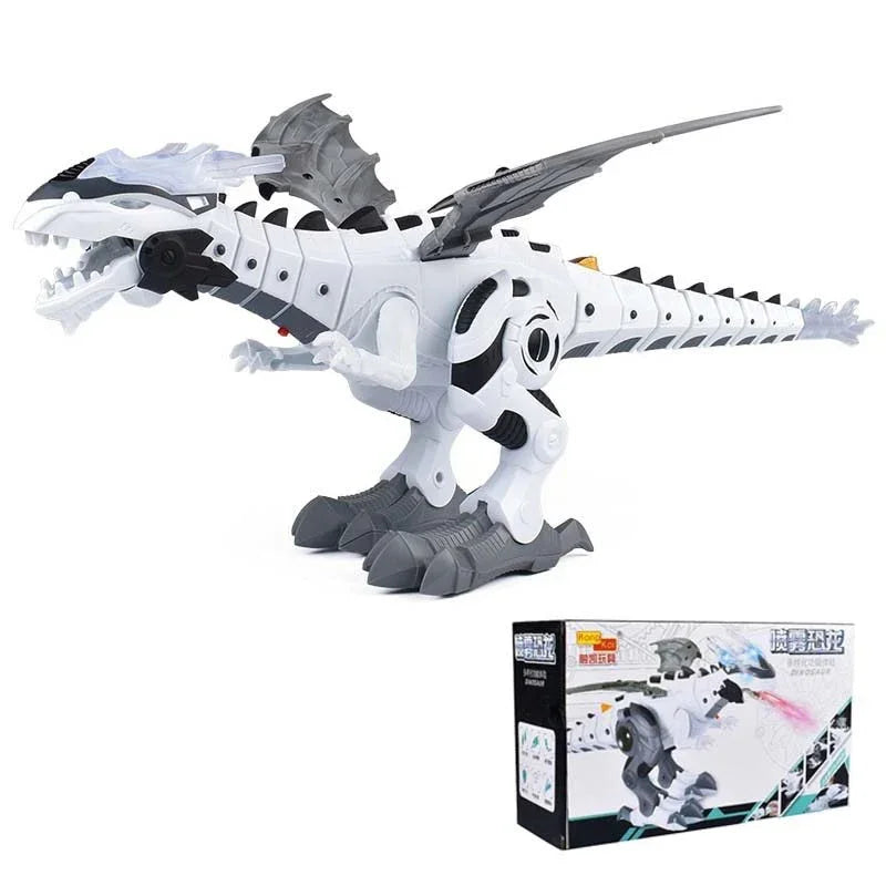 White and gray robotic dinosaur toy with black accents and mechanical wings, shown with packaging.