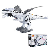 White and gray robotic dinosaur toy with black accents and mechanical wings, shown with packaging.