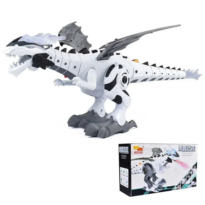 White and gray robotic dinosaur toy with black accents and mechanical wings, shown with packaging.
