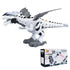 White and gray robotic dinosaur toy with black accents and mechanical wings, shown with packaging.