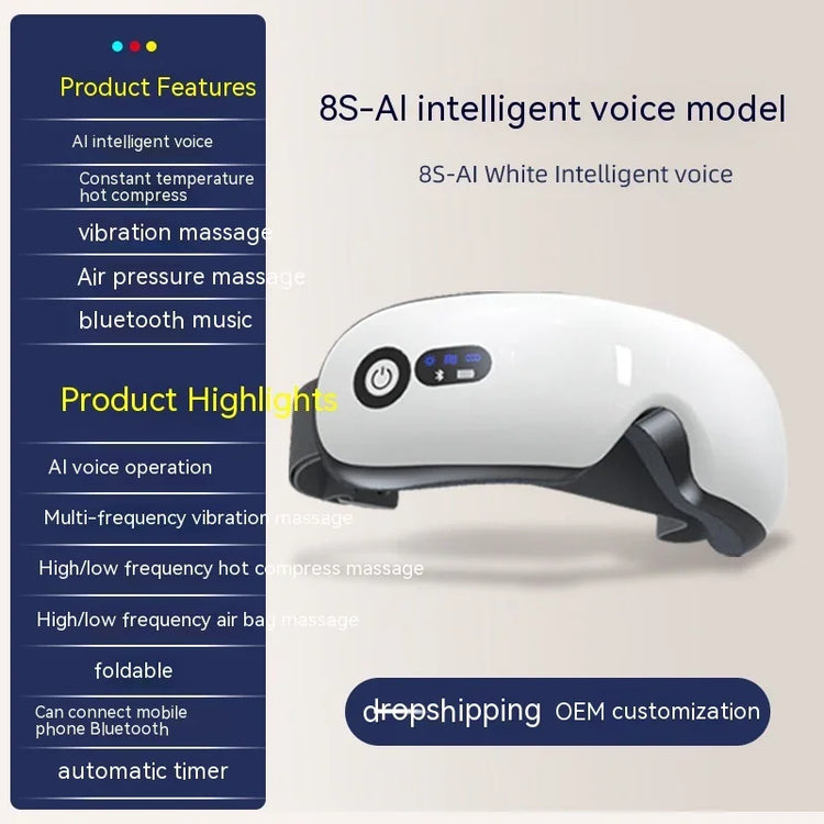 White AI intelligent voice eye massager with buttons, ergonomic fit, tech accessory