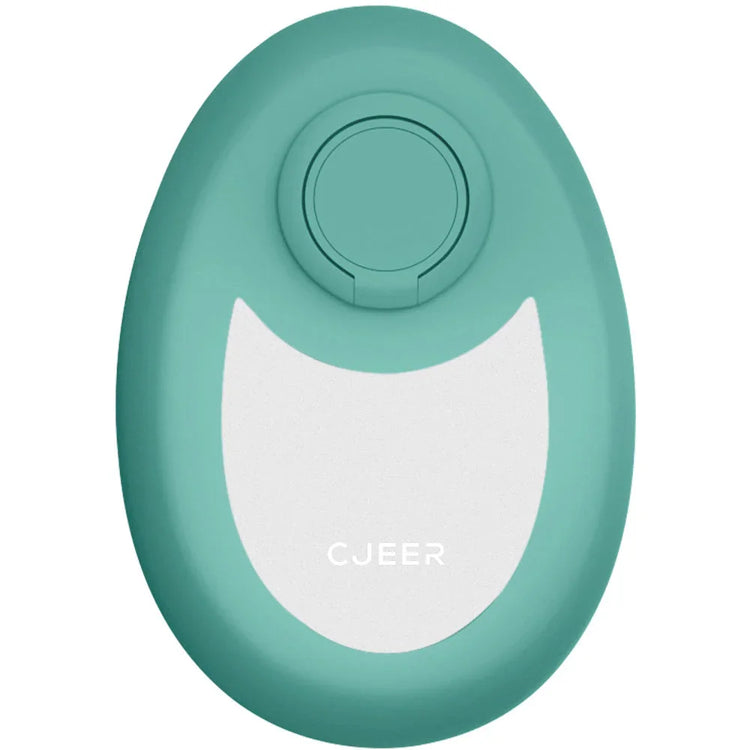 Mint green and white oval electronic device with button, smooth plastic finish, compact size