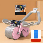 Dual wheel pink and grey ab roller with digital display, ergonomic handles, phone holder