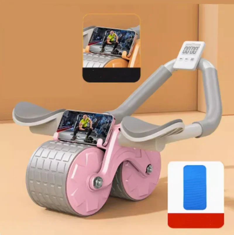 Dual wheel pink and grey ab roller with digital display, ergonomic handles, phone holder