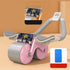 Dual wheel pink and grey ab roller with digital display, ergonomic handles, phone holder