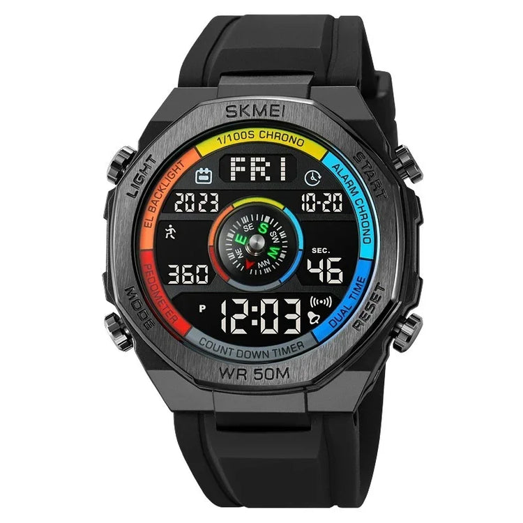 Digital black wristwatch with colorful display, sporty style, rubber strap, and multiple features.