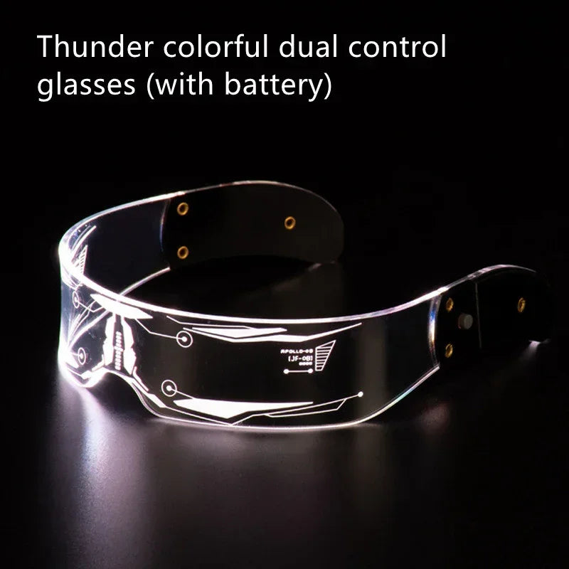 Futuristic LED light up visor glasses with transparent acrylic frame, black side panels
