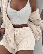 Cozy cream fuzzy knit loungewear set with shorts, crop top, and open cardigan for women