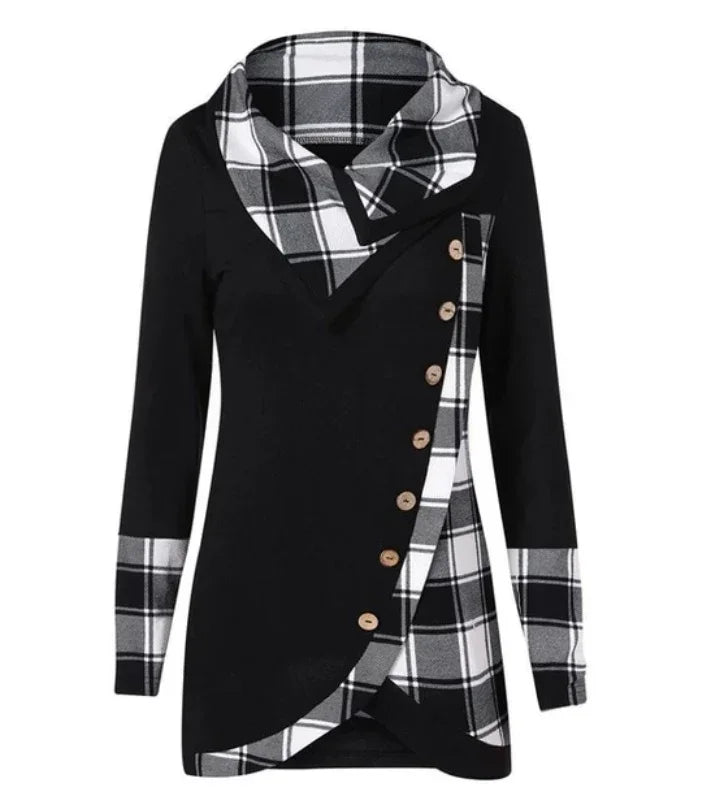 Black long sleeve tunic with plaid accents, asymmetrical button design, relaxed fit