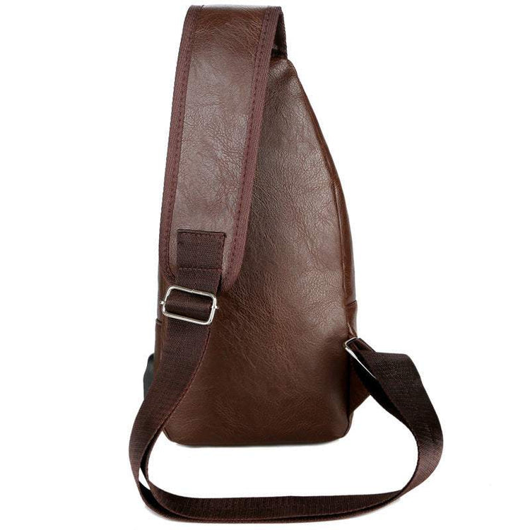 Brown USB portable charging chest bag with adjustable strap and PU leather material
