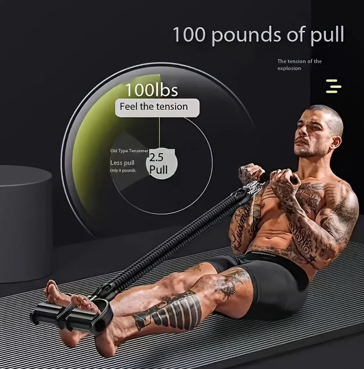 Man in fitted black athletic shorts using resistance bands for intense workout on exercise mat