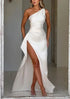 White satin one-shoulder gown with ruched waist and high thigh slit, fitted silhouette