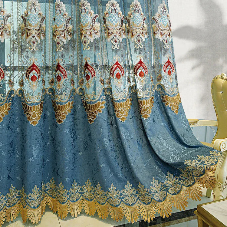 Blue and gold embroidered curtain with intricate lace details and ornate pattern