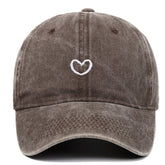 Retro small love embroidered cotton soft peaked cap in brown with adjustable fit