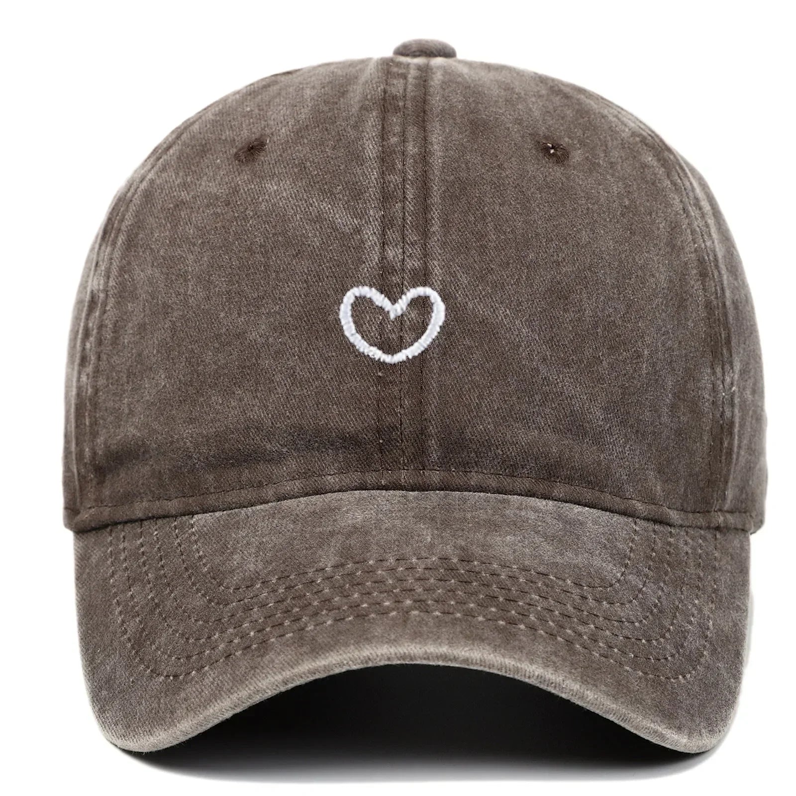 Brown washed cotton dad cap with white embroidered heart, relaxed streetwear fit