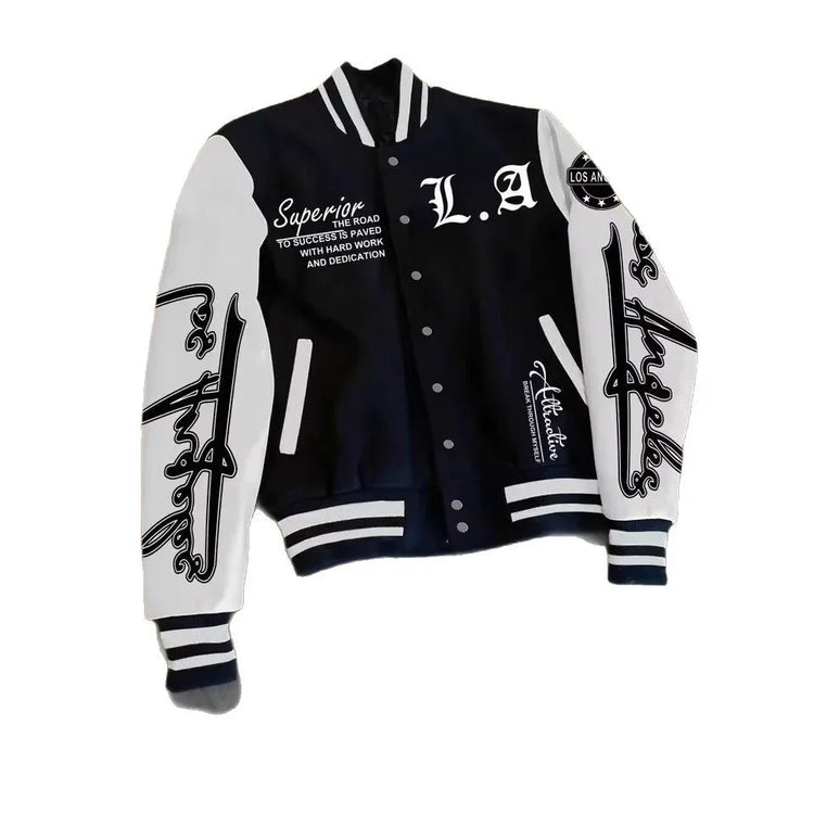 Black and white varsity jacket with bold letter graphics, contrast sleeves, and striped cuffs.
