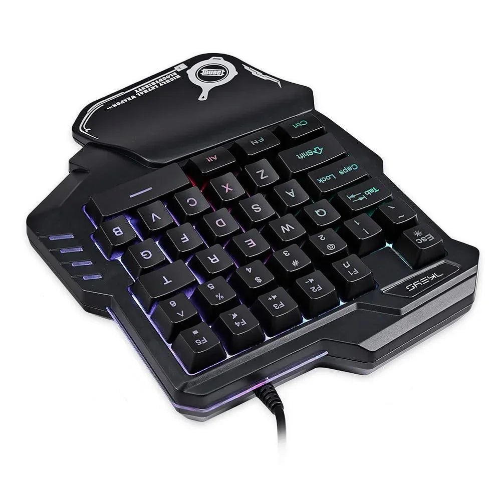 Black one-handed gaming keyboard with RGB backlighting and ergonomic wrist rest.