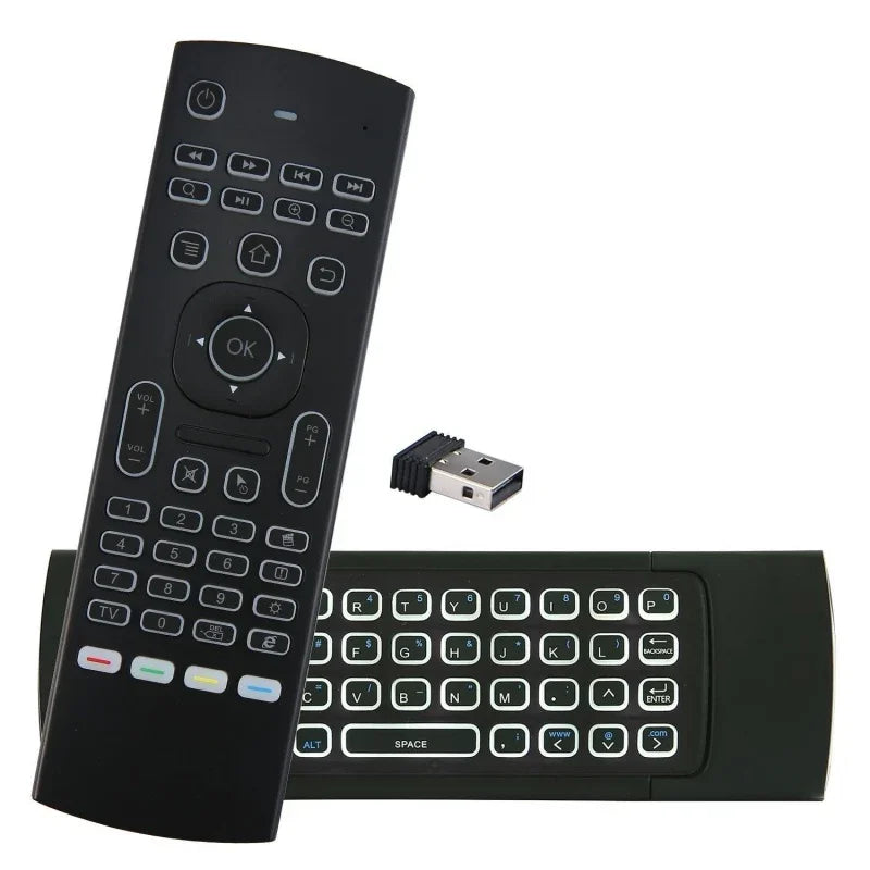 Black wireless remote control with full QWERTY keyboard and USB receiver