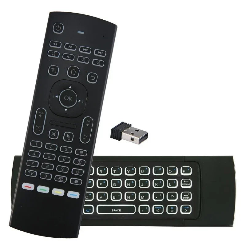 Black wireless remote control with full QWERTY keyboard and USB receiver