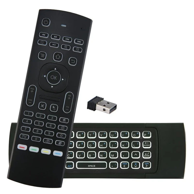 Black wireless remote control with full QWERTY keyboard and USB receiver