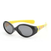 Oval sunglasses with black frames, yellow arms, and flower detail, retro streetwear style