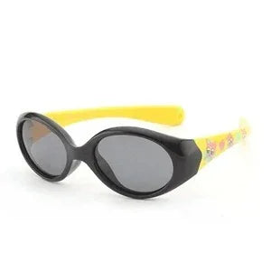 Oval sunglasses with black frames, yellow arms, and flower detail, retro streetwear style