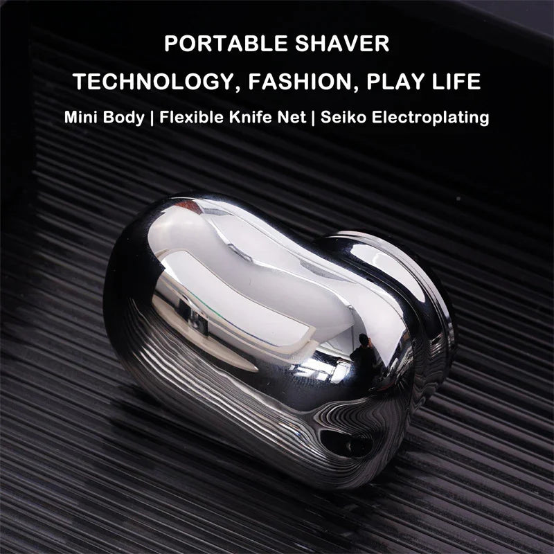Sleek silver portable shaver with curved metallic body, compact and modern design