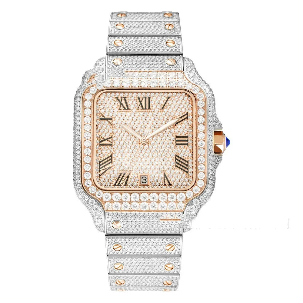 Luxury silver and gold watch with Roman numerals, encrusted with diamonds, classic square face