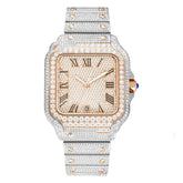 Luxury silver and gold watch with Roman numerals, encrusted with diamonds, classic square face