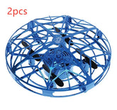 Blue metallic circular flying drone with protective cage and black propellers