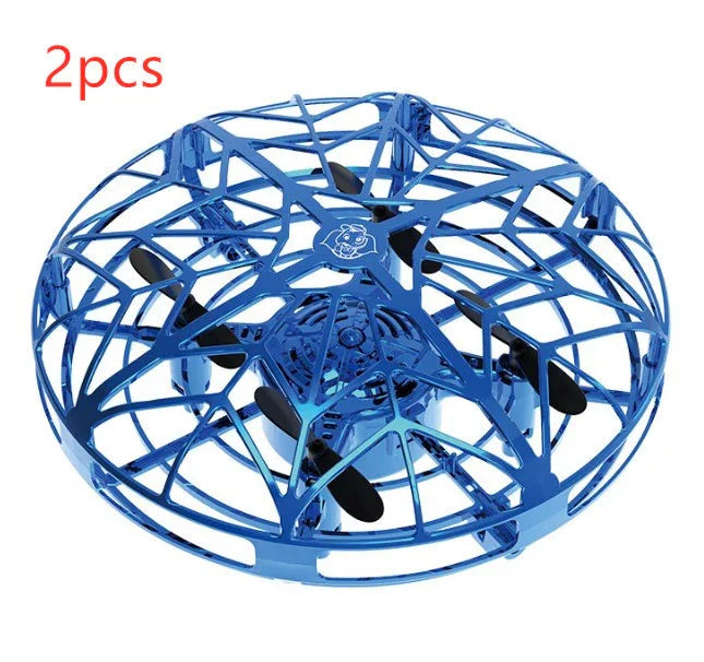 Blue metallic circular flying drone with protective cage and black propellers