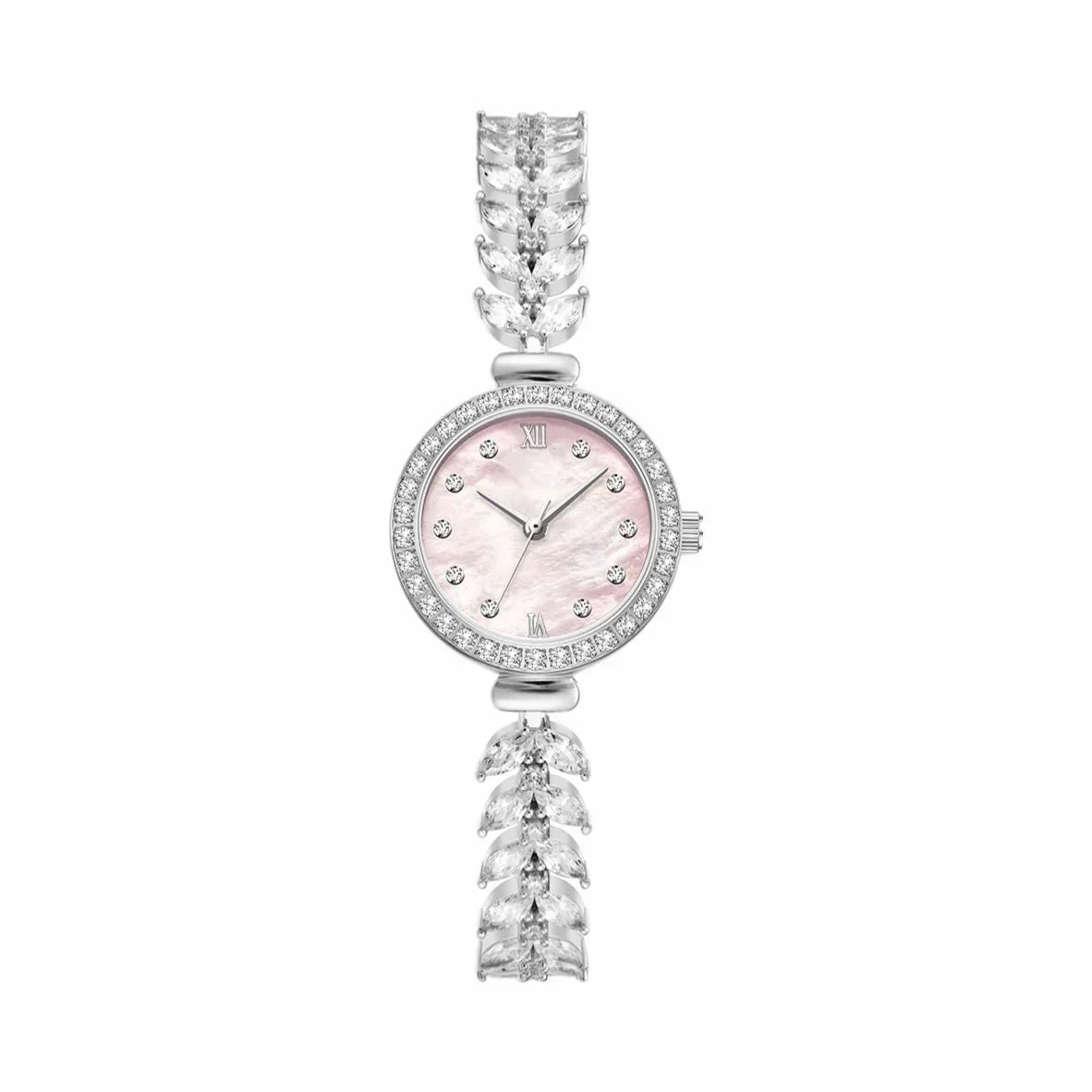 Elegant women's watch with pink mother of pearl dial, crystal markers, and silver bracelet
