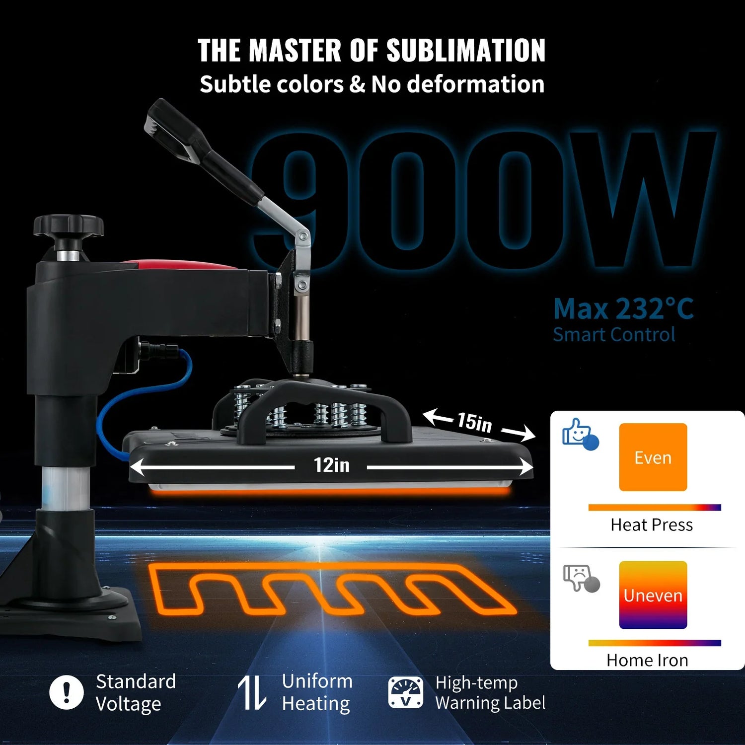 Black 900W heat press machine with 12x15 inch plate, even heating, and smart temperature control.