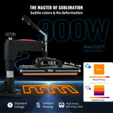 Black 900W heat press machine with 12x15 inch plate, even heating, and smart temperature control.