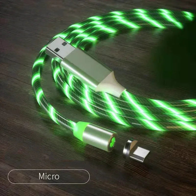 Glowing green LED micro USB charging cable with magnetic connector on dark wooden surface