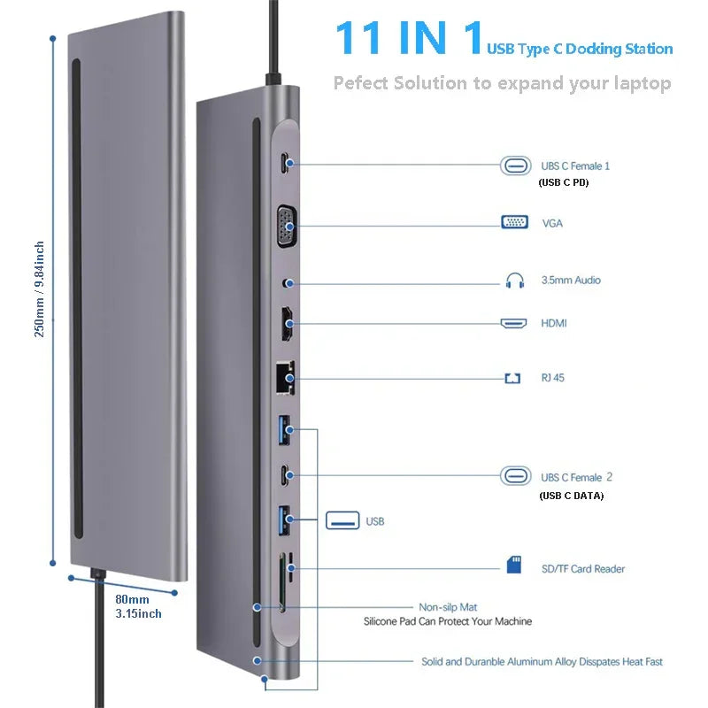 Slim silver USB-C docking station with multiple ports, aluminum body, modern tech accessory
