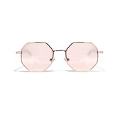 Geometric sunglasses with pink octagonal lenses and thin metallic frame, modern streetwear style
