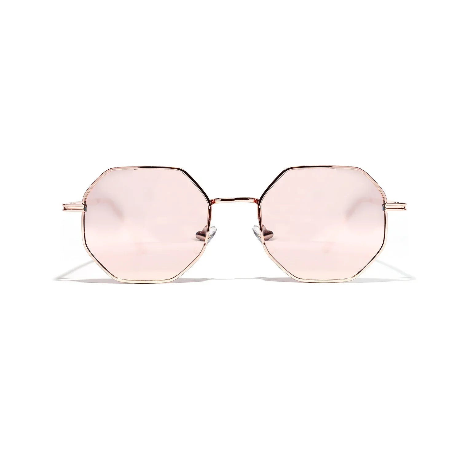 Geometric sunglasses with pink octagonal lenses and thin metallic frame, modern streetwear style