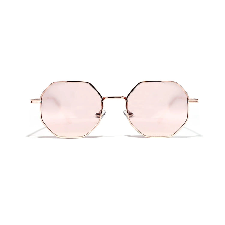 Geometric sunglasses with pink octagonal lenses and thin metallic frame, modern streetwear style