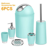 Six-piece aqua blue bathroom accessories set with silver accents, includes trash bin, toilet brush, soap dispenser, tumbler, toothbrush holder, and soap dish.