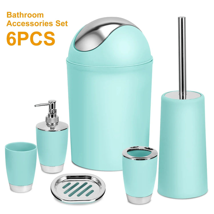 Six-piece aqua blue bathroom accessories set with silver accents, includes trash bin, toilet brush, soap dispenser, tumbler, toothbrush holder, and soap dish.
