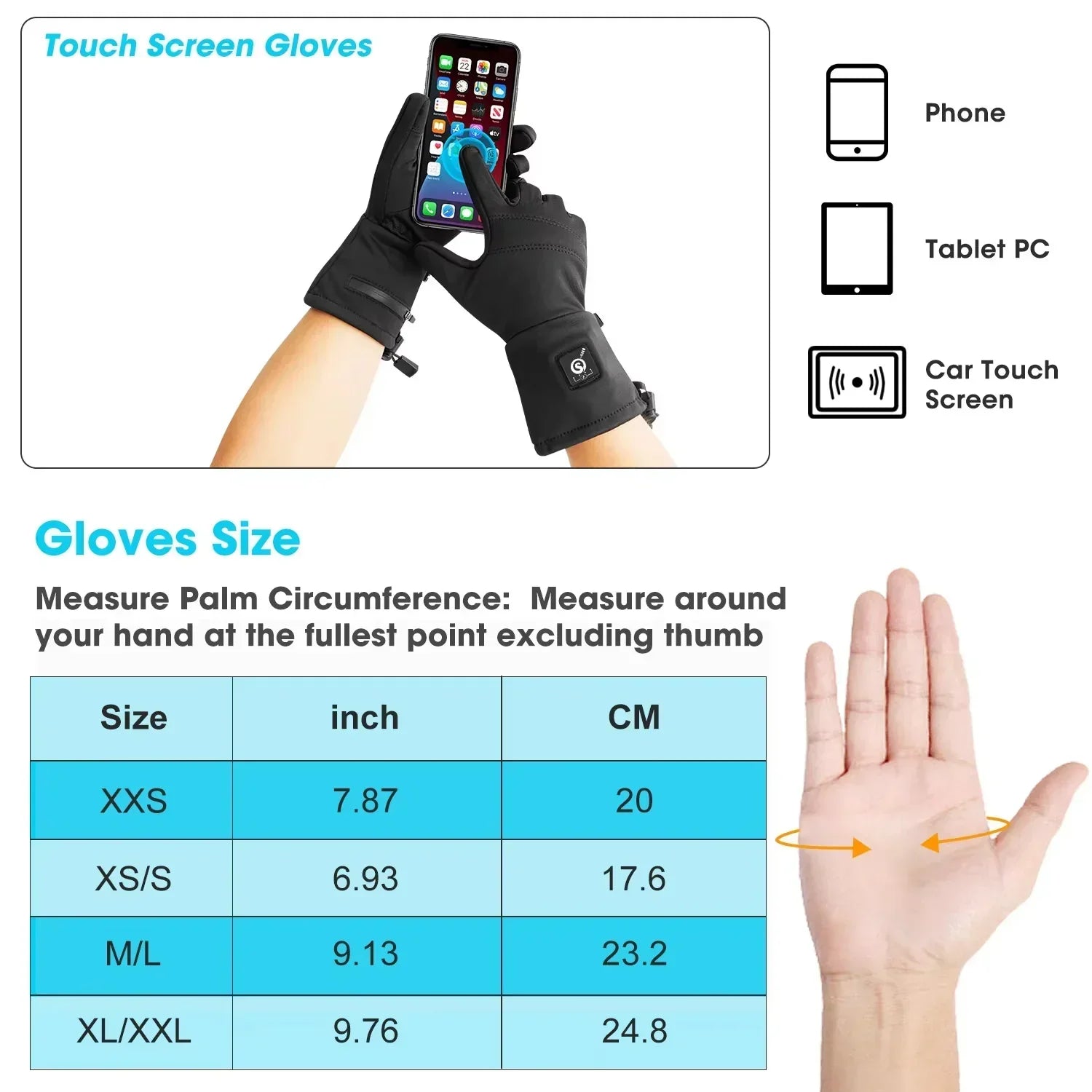 Black touchscreen gloves with sleek fit, adjustable straps, shown using smartphone, size chart included.