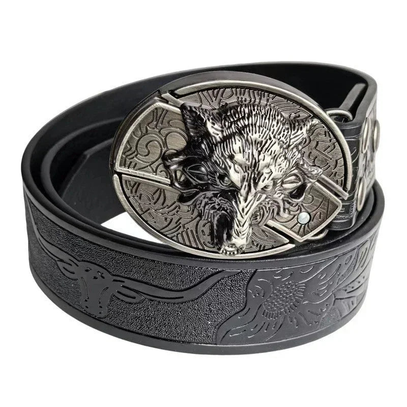 Black leather belt with embossed designs and large metal wolf head buckle, western style accessory