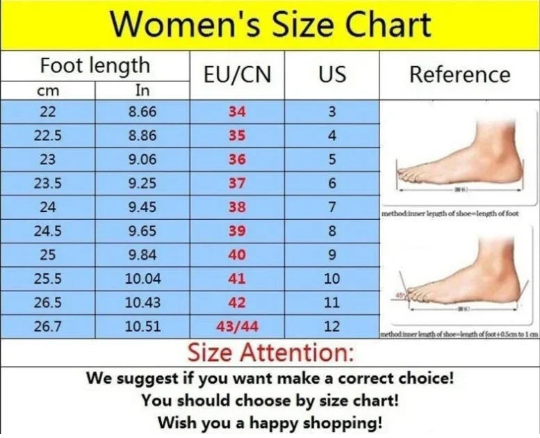 Women's shoe size chart with foot length in cm and inches, EU/CN and US sizing, measurement guide images.