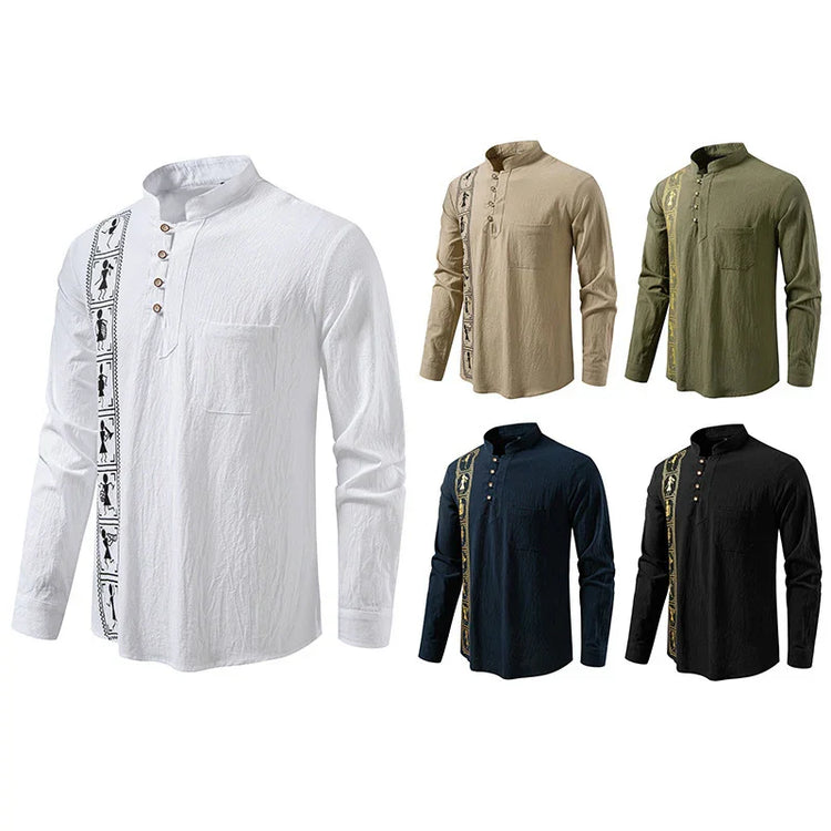 Men’s long sleeve mandarin collar shirts in white, beige, green, navy, and black with patterned vertical trim, casual relaxed fit.